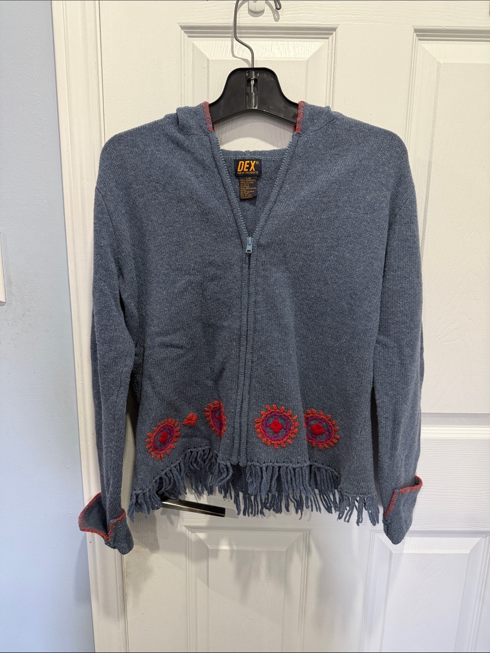 Dex Blue Hooded Zip Cardigan with Red Embroidered Accents